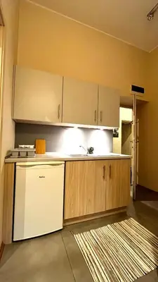 a kitchen with a white refrigerator and a dishwasher at Double Studio City Center in Kraków