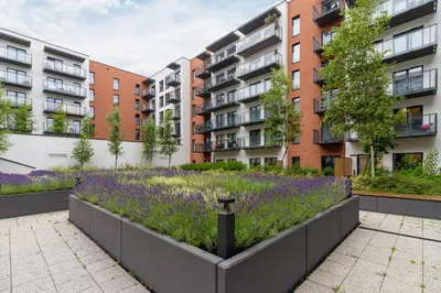 a garden with purple flowers in front of buildings at Salsa Residence Pet-friendly by Noclegi Renters in Kraków