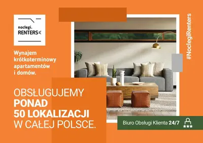 a flyer of a living room with a couch and a table at Elegant Studio Szpakowa 10 with 2 Parking Spaces & Terrace by Noclegi Renters in Kraków