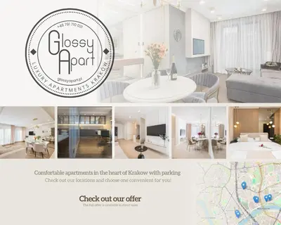 a collage of photos of a living room and dining room at Glossy Apart G29 in Kraków