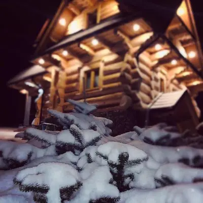 a model of a wooden house covered in snow at Domek na Wierchu Bukowiny in Załuczne
