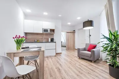 a kitchen and living room with a table and chairs at Old Town Aptartments - B23 in Kraków