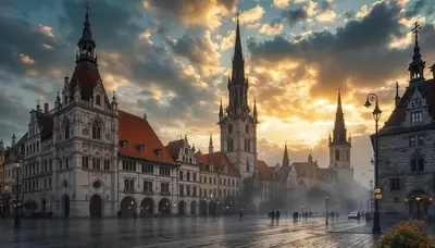 a group of buildings in a city at sunset at Cracow Fancy Brick #4 - Old Town in Kraków