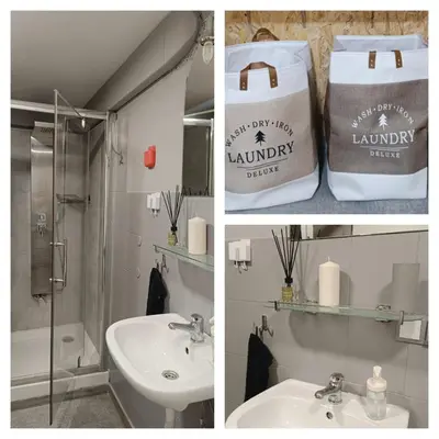 two pictures of a bathroom with a sink and a tote bag at pokój kapsułowy #3 centrum in Kraków