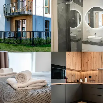 a collage of four pictures of a bathroom with towels at K&M Apartments Tauron Arena, Lema in Kraków