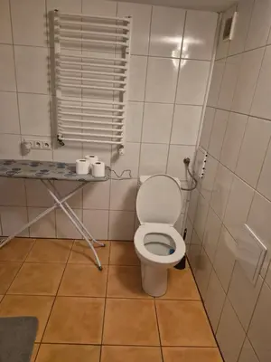 a bathroom with a white toilet in a room at Pokoj u Eleni #3 in Kraków