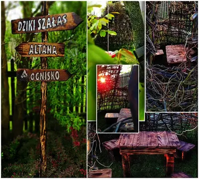 a collage of signs with a bench and a bird cage at Jurajska47 in Wola Kalinowska