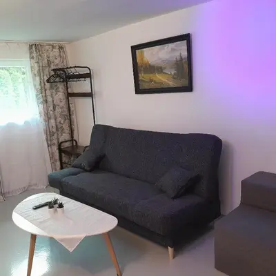 a living room with a couch and a table at Domek Krukk blisko Energylandii Zator in Zator