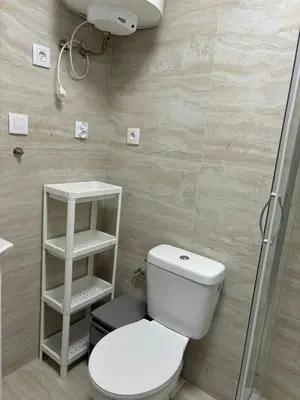 a small bathroom with a toilet and a shower at Apartament w Kocierzu in Kocierz Rychwałdzki