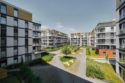 an aerial view of an apartment complex with buildings at Velvet Dreams Apartments 49 in Kraków