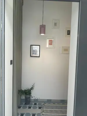 a hallway with a potted plant and a white wall at Blue Harmony Apartment in Kraków