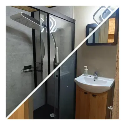a bathroom with a shower and a sink at Room 1 industrial in Kraków