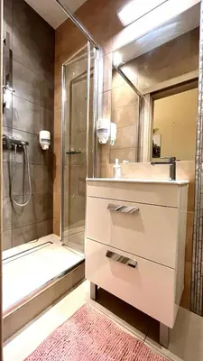 a bathroom with a sink and a shower at Św Sebastiana 20 in Kraków
