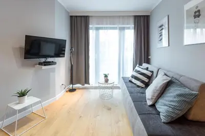 a living room with a couch and a flat screen tv at Wawel Cracow Old City Apartments - Friendhouse Apartments in Kraków