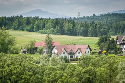 a group of houses in a field with trees at Staś -przy szkole nr 3 w Skawie in Skawa