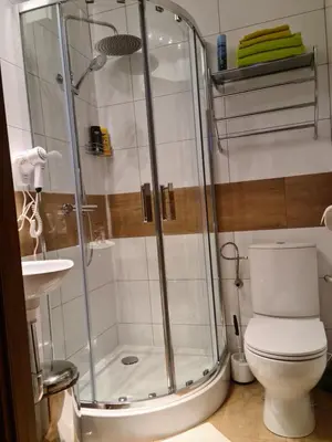 a bathroom with a shower with a toilet and a sink at AMBER APARTAMENt 11 in Kraków