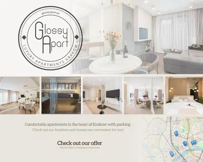 a collage of photos of a living room and dining room at Glossy Apart G20 in Kraków