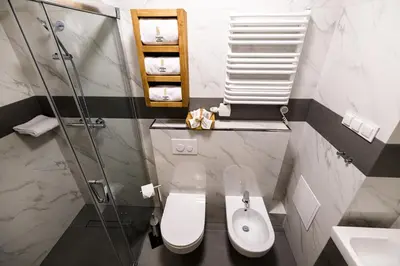 a bathroom with a toilet and a glass shower at Apart Residence Ariańska 16 by NEARTO PL in Kraków