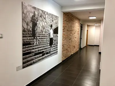 a hallway with a large painting on the wall at Jacuzzi Rakowicka Top Apartments in Kraków